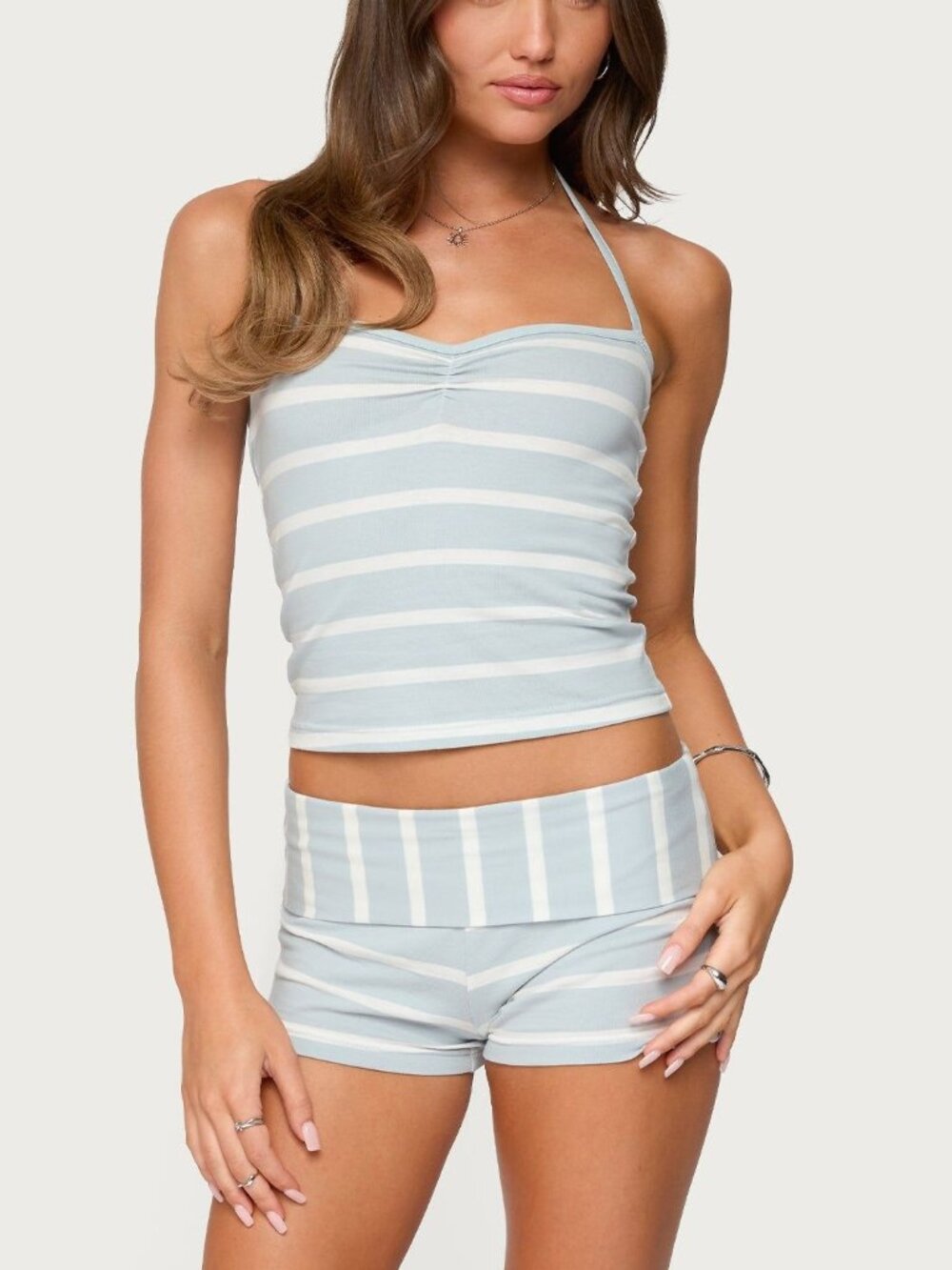 Edikted Light Gray White Stripe Halter Top Shorts Set